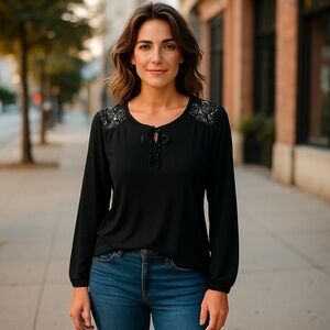 Susan Graver Artisan Beaded Blouse S Black Long Sleeve Glam Boho Top